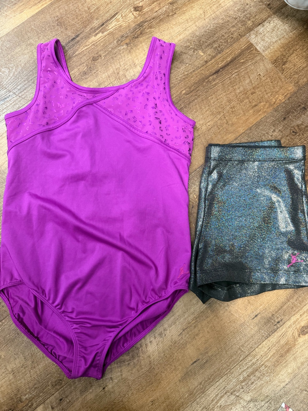 Capezio Bright Purple Dance Leotard with Shimmery Black Shorts
